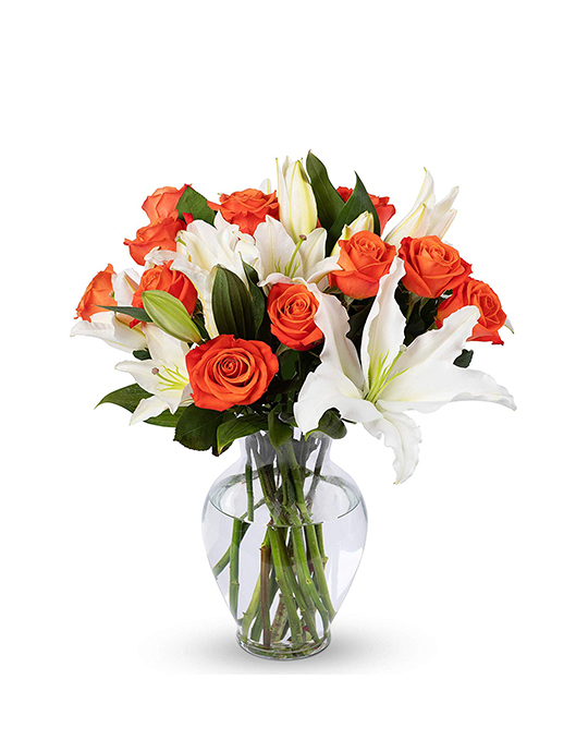 Orange Roses and White Oriental Lilies